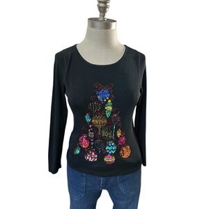 Vintage Black Long Sleeve Embellished Ornament Christmas Tree Sweater Top S